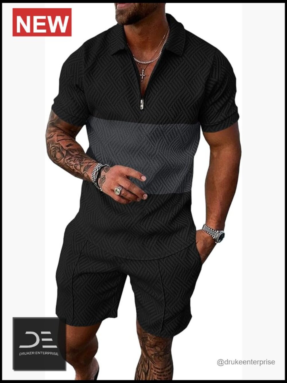 Mens Summer Track Suit 2 Piece Short Sleeve Sweatsuit Quarter Zip Polo Stripe